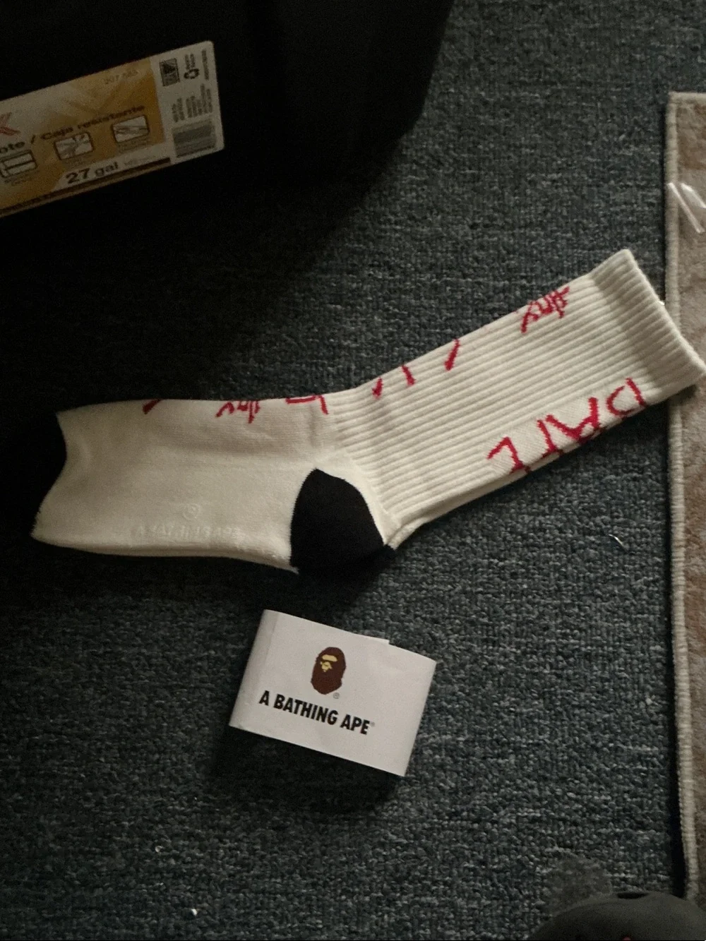 White Crew Socks with Black Heel & Red Script